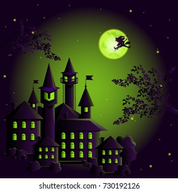 A fabulous city with towers, glowing windows, the moon, the starry sky, trees and a witch that flies on a broomstick. Vector greeting card for congratulations on Halloween.