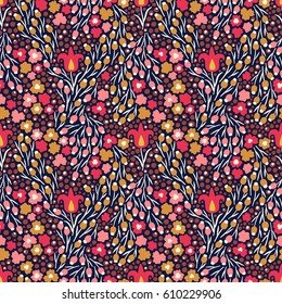 Fabulous colored small flowers on dark blue background. Hand drawing seamless vector pattern with abstract wildflowers and berries. Texture for fabric, wrapping paper, wallpaper, etc.