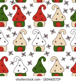 Fabulous colorful houses of the gnomes. Separate funny little constructions on a white background. Christmas and New Year theme. Seamless pattern.
