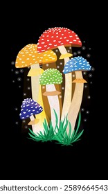 Fabulous colorful mushrooms with lighting and fireflies at night. Bioluminescent, hallucinogenic, toadstools at night, dark, glowing background.  Goblincore, Mushroom core. Hand drawn vector art.