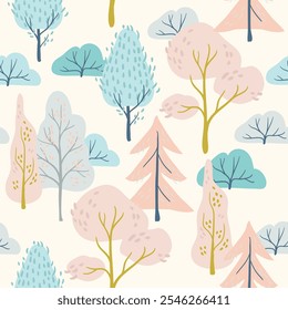 Fabulous colorful trees in a cute style. a forest on a light background painted by hand. doodle winter seamless background