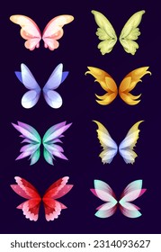 Fabulous creatures wings set. Different wings of fairy set. Vector cartoon set of wings pairs of magic and fantasy characters and animals isolated on white background