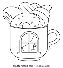 Fabulous cup house coloring book. Cute contour house in a mug with sweet pastries vector coloring page for adults and children