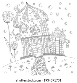 a fabulous cute house stands in a clearing, a page for coloring for children. vector illustration