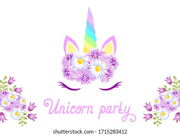 Fabulous cute unicorn with beautiful flowers wreath on white background with handwritten invitation text "Unicorn party"