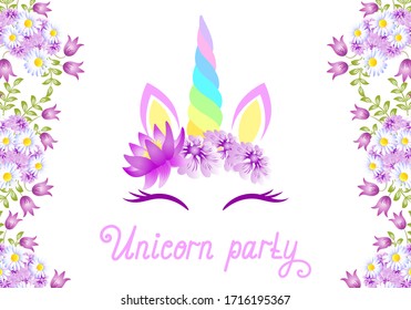 Fabulous cute unicorn with beautiful flowers wreath on white background with handwritten invitation text "Unicorn party"
