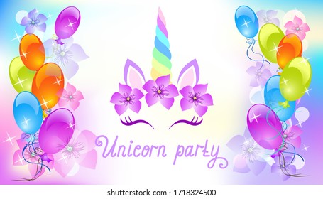 Fabulous cute unicorn with beautiful flowers wreath on background of balloons with flowers and stars with handwritten invitation text "Unicorn party"