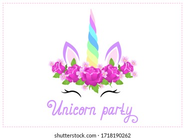 Fabulous cute unicorn with beautiful roses flowers wreath on white background with handwritten invitation text "Unicorn party"