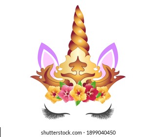 Fabulous cute unicorn with golden crown, gilded horn and beautiful pansies flowers wreath isolated on white background. Fairy unicorn princess in crown.