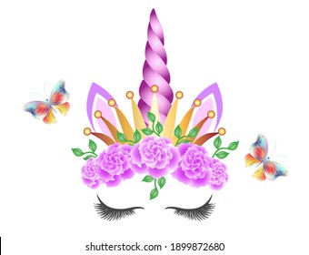 Fabulous cute unicorn with golden crown, purple horn and pink roses flowers wreath isolated on white background. Fairy unicorn princess in crown and flying butterflies.