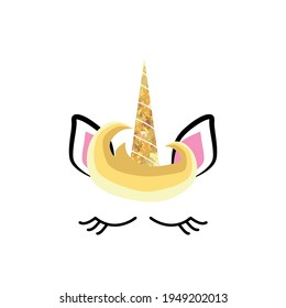 Fabulous cute unicorn with golden gilded horn and closed eyes.