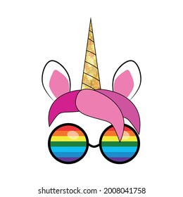 Fabulous cute unicorn with golden gilded horn and rainbow glasses
