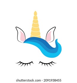 Fabulous cute unicorn with golden gilded horn and closed eyes. Unicorn's Horn with Flowers and Eyelashes