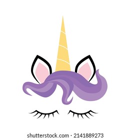 Fabulous cute unicorn with golden gilded horn and closed eyes