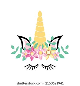Fabulous cute unicorn with golden gilded horn and closed eyes. Unicorn's Horn with Flowers and Eyelashes