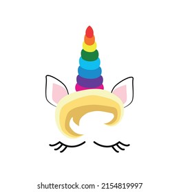 Fabulous cute unicorn with golden gilded horn and closed eyes. Unicorn's Horn with Flowers and Eyelashes