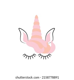 Fabulous cute unicorn with golden gilded horn and closed eyes. Unicorn's Horn with Flowers and Eyelashes