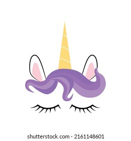 Fabulous cute unicorn with golden gilded horn and closed eyes. Unicorn's Horn with Flowers and Eyelashes