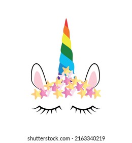 Fabulous cute unicorn with golden gilded horn and closed eyes. Unicorn's Horn with Flowers and Eyelashes