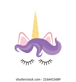 Fabulous cute unicorn with golden gilded horn and closed eyes. Unicorn's Horn with Flowers and Eyelashes