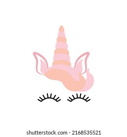 Fabulous cute unicorn with golden gilded horn and closed eyes. Unicorn's Horn with Flowers and Eyelashes