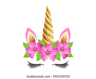 Fabulous cute unicorn with golden sparkle horn and pink flowers wreath isolated on white background. Fairy unicorn princess girl for party invitation design or holiday decor.