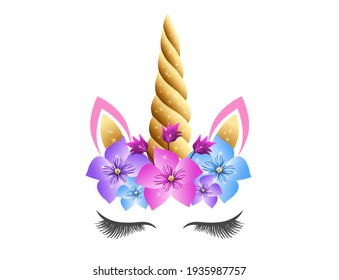 Fabulous cute unicorn with golden sparkle horn and pink flowers wreath isolated on white background. Fairy unicorn princess girl for party invitation design or holiday decor.