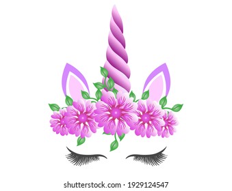 Fabulous cute unicorn with  purple horn and pink violet flowers wreath isolated on white background. Fairy unicorn princess girl for party invitation design or holiday decor.