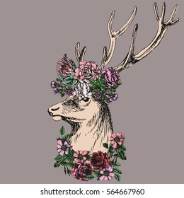Fabulous deer in a wreath of flowers. Vector hand drawn illustration. Beautiful decor for your design, logo.