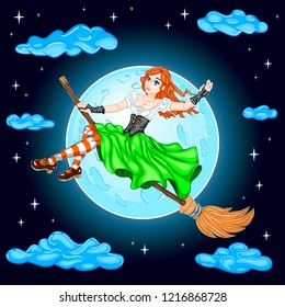 Fabulous enchantress flies on a broomstick. Charming character for fantasy and fairyland. Witch on the background of a wonderful blue moon and stars. Vector illustration. EPS 8.