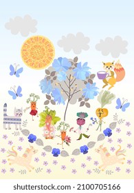 
Fabulous endless print for fabric for baby, towels, wallpaper. Funny vegetables: carrots are fashionista, turnips are singer, beets are cook. Cute cartoon squirrel, kitten, unicorn. Blooming tree.