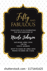 Fabulous Fifty birthday party vector printable invitation card with golden glitter elements. svg