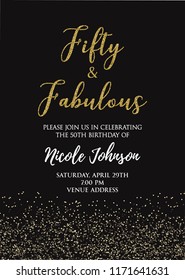 Fabulous Fifty birthday party vector printable invitation card with golden glitter elements. svg