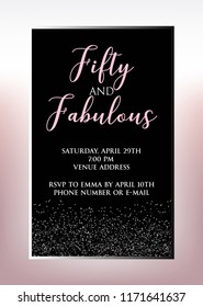Fabulous Fifty birthday party vector printable invitation card with glitter elements. svg