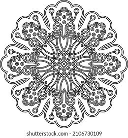 a fabulous flower. circular floral pattern. an element of the ornament. isolated black and white contour drawing. coloring page, template, embroidery, henna, print.