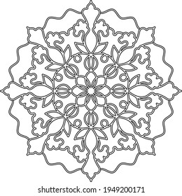 a fabulous flower. symmetrical circular openwork ornament. black and white isolated contour drawing. henna, pattern, embroidery, coloring, print.