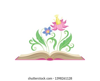 Fabulous flowers with blue and pink petals, a large pestle in the center, lush leaves. Vector illustration on white background.