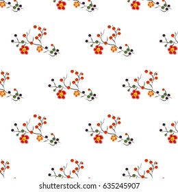 Fabulous flowers with bright red berries. Japanese and Chinese style of painting.