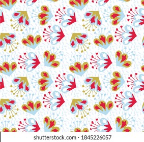 
Fabulous flowers in a seamless pattern. An unusual plant. Floral vector pattern for fabric design or creative items. Hand drawn illustration. Folkloric pattern