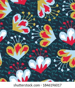 
Fabulous flowers in a seamless pattern. An unusual plant. Floral vector pattern for fabric design or creative items. Hand drawn illustration. Folkloric pattern