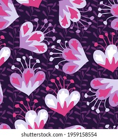 Fabulous flowers in a seamless pattern. An unusual plant. Floral vector pattern for fabric design or creative items. Hand drawn illustration. Folkloric pattern