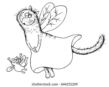 Fabulous flying cat - vector illustration isolated on white