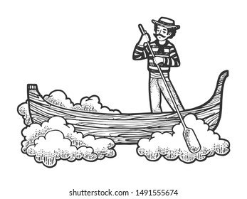 Fabulous flying gondola boat sketch engraving vector illustration. Tee shirt apparel print design. Scratch board style imitation. Hand drawn image.