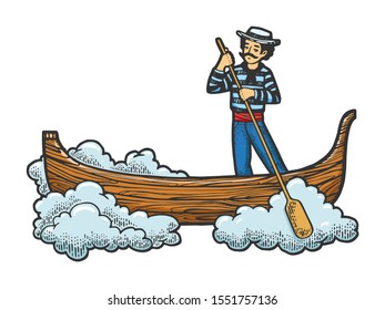 Fabulous flying gondola boat sketch engraving vector illustration. T-shirt apparel print design. Scratch board style imitation. Hand drawn image.