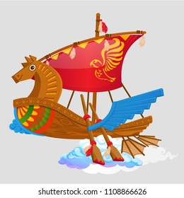 Fabulous flying ship isolated on grey background. Characters and transport of folk tales. Vector cartoon close-up illustration.