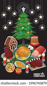 Fabulous food prepared for Christmas festival. With stained glass window, Christmas tree and star light background.