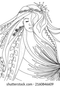 fabulous forest fairy, elf princess with long hair in foliage and flowers coloring book