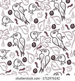 fabulous forest inhabitants, spring leaves set, seamless patterns