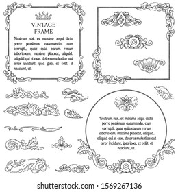 Fabulous frames and elements for menu pages, books, cards, invitations. Vintage text decoration ornaments. Hand drawn, sketches. Historic, Victorian style. Design of fairy tales, legends