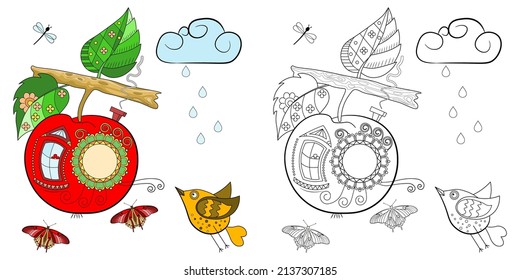 A fabulous fruit house for a bird. An apple with a doodle pattern on a white background. Anti-stress coloring book for adults and children. Decorative element for design
